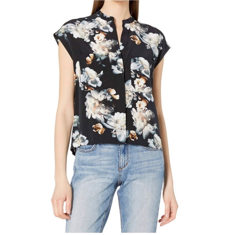 Vince Peony Print Short-sleeve Silk Shell Black Blouse Minimalist Women’s Size M